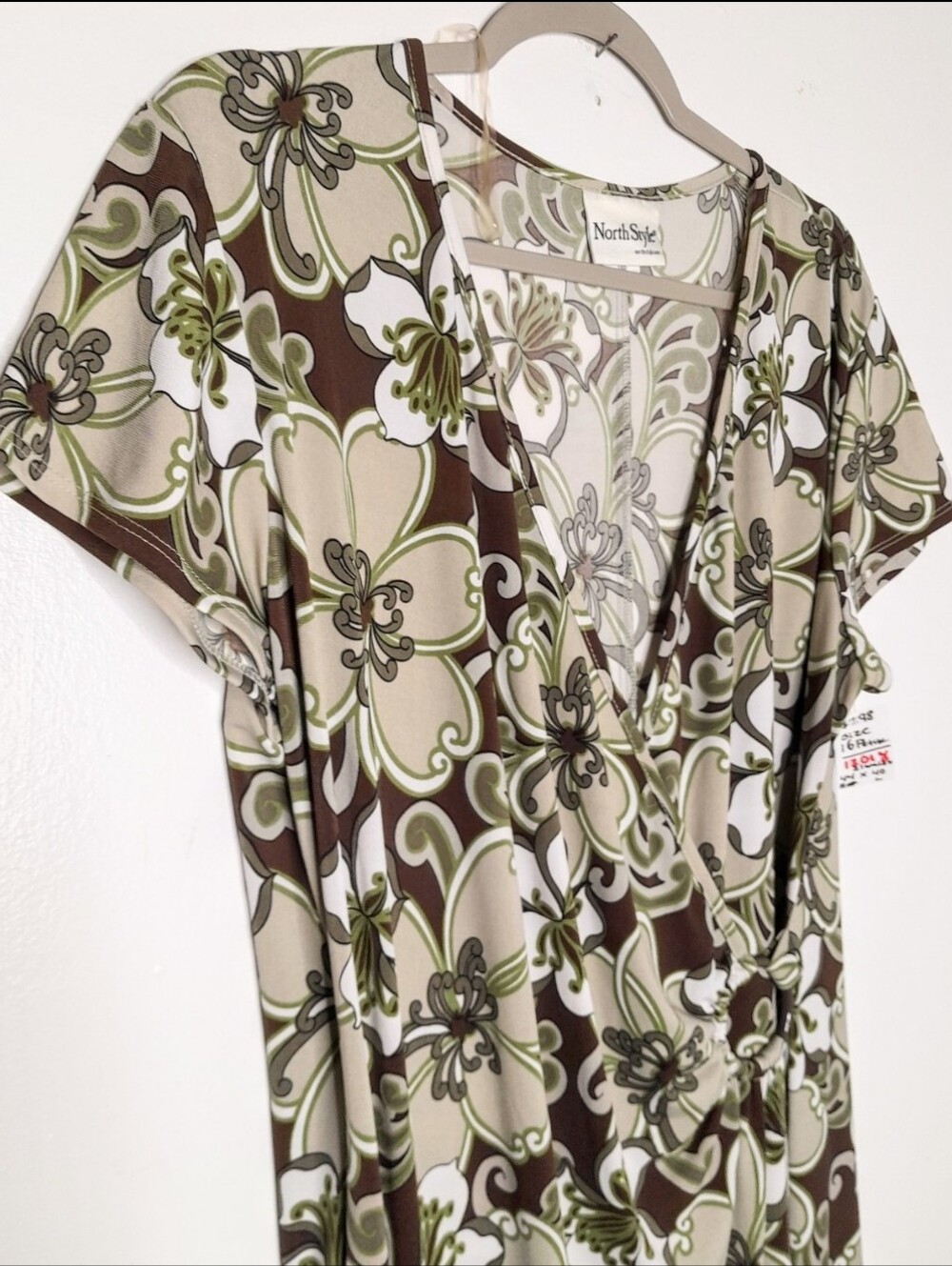 North Style 16P Vintage Floral Stretch Dress Green Brown Wrap Style Short Sleeve